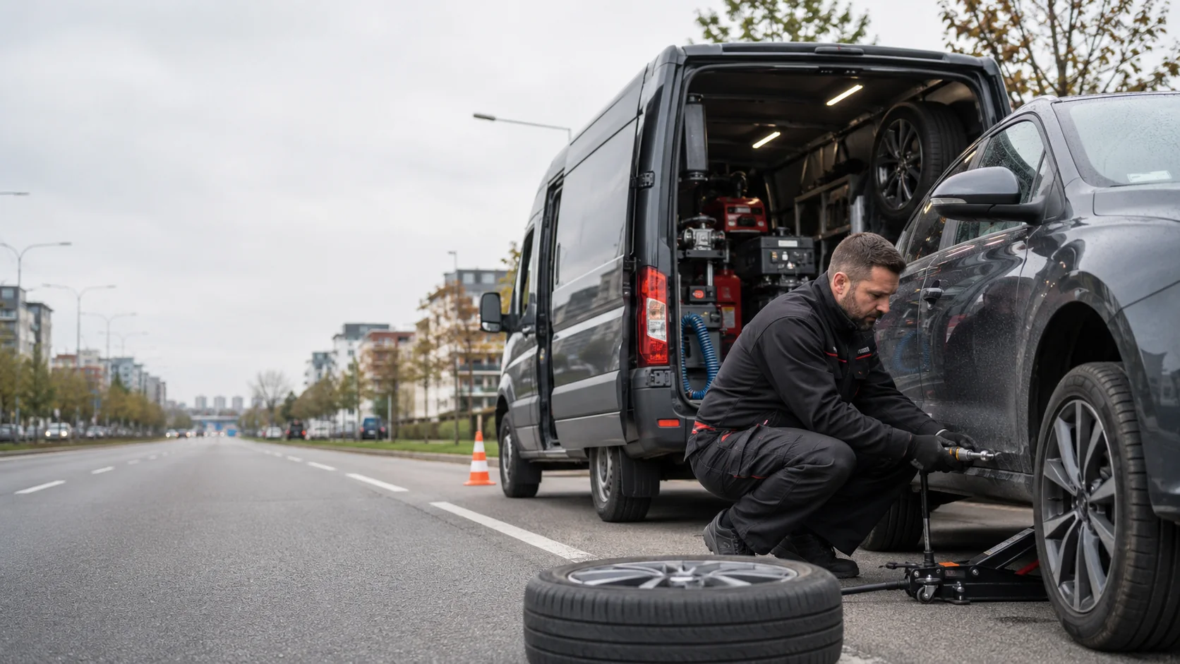 Mobilni vulkanizer pomaže pored vozila